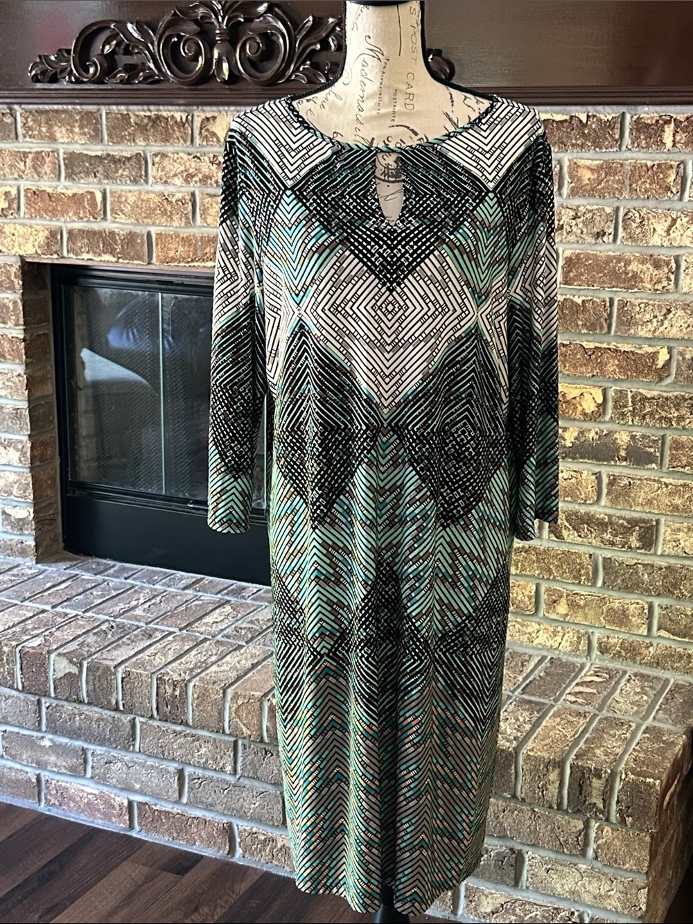 Women’s Dana Buchman Geometric Print Teal Green Black Cold Shoulder Sleeve Dress